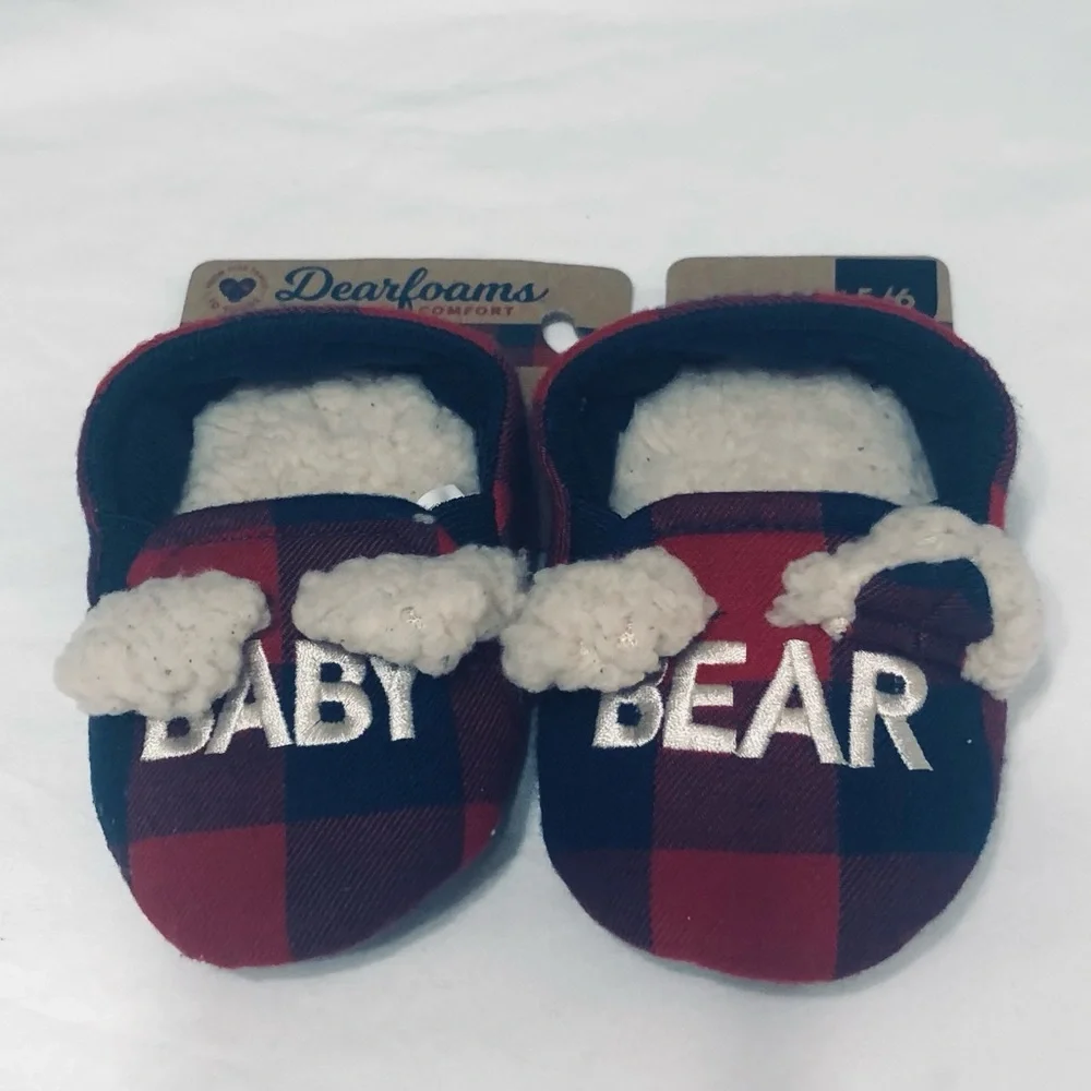 Baby Bear baby’s slipper extra cozy cushioned back closed plaid navy blue.5/6